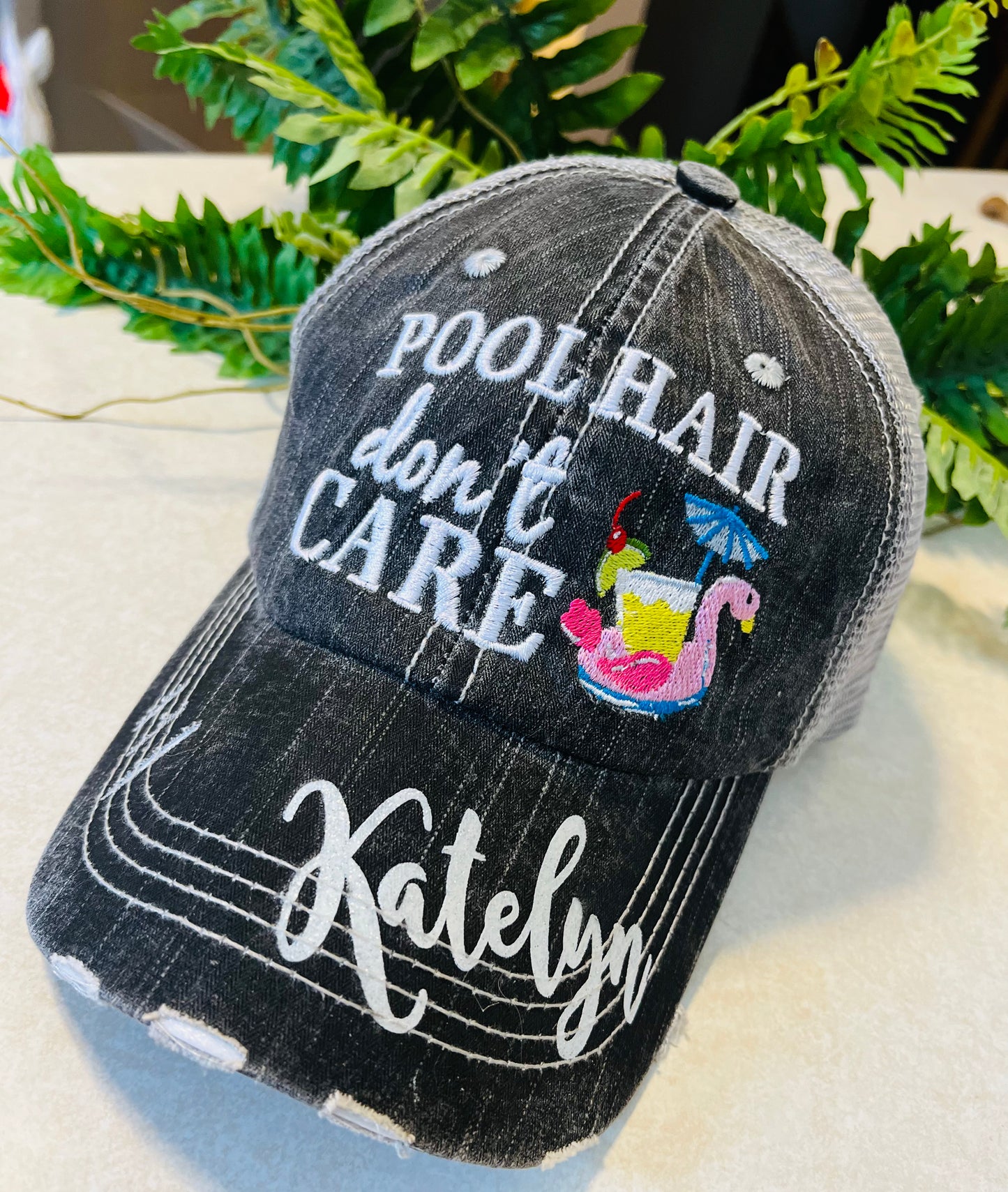 Pool hats Pool hair dont care Flamingo with umbrella drink Personalize Embroidered trucker caps