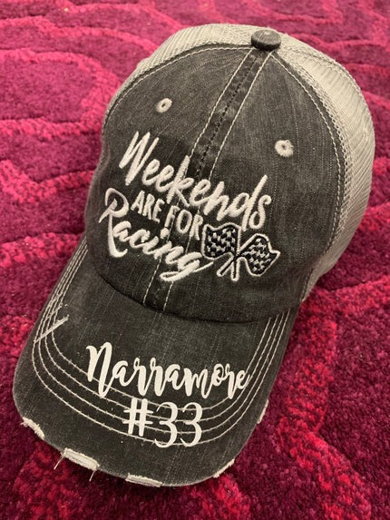 Personalized distressed gray Racing hats Weekends are for racing Race hair dont care Raceday is the best day Custom hats made by Stacy Bling it up! Mom hats Stacy's Pink Martini Boutique
