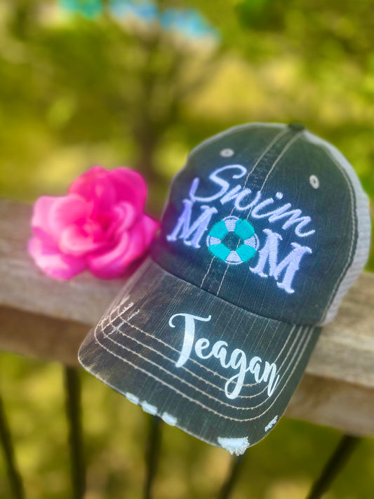 Swim hats Swim mom Swim hair dont care Embroidered distressed trucker caps Personalizable name number BLING - Stacy's Pink Martini Boutique