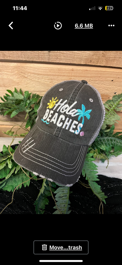 Hola beaches hats! | Womens embroidered trucker cap | Personalize | Beach hats | Cute palm trees, sunshine, waves and seashell | Girls weekend accessories. - Stacy's Pink Martini Boutique