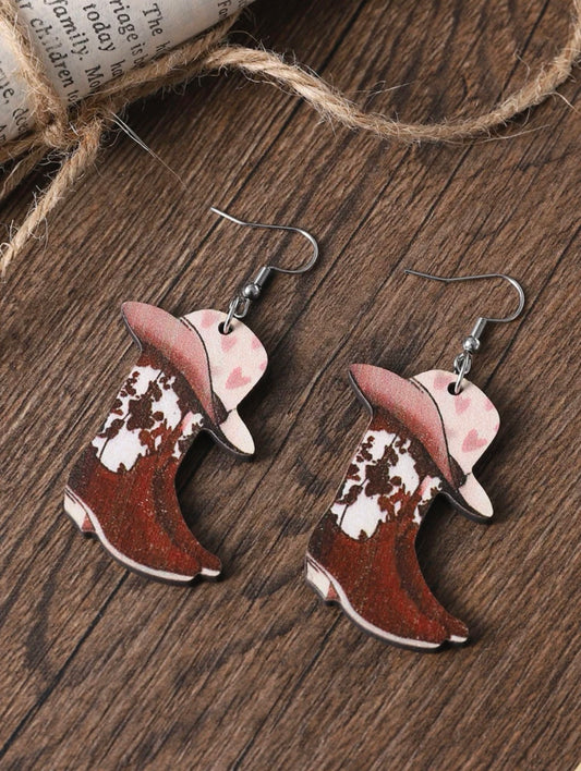 Cowboy boot earrings Cow print with hearts Only 10!
