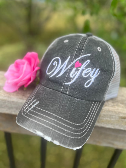 Hat Wifey Embroidered distressed womens trucker cap Pink heart Bride Wife Love Marriage Wedding Shower - Stacy's Pink Martini Boutique
