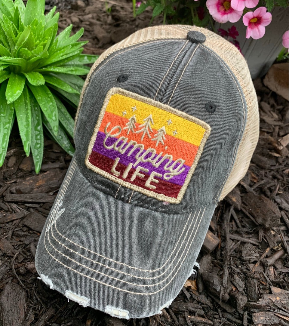 Camping hats CAMPING hair dont care Embroidered distressed trucker cap