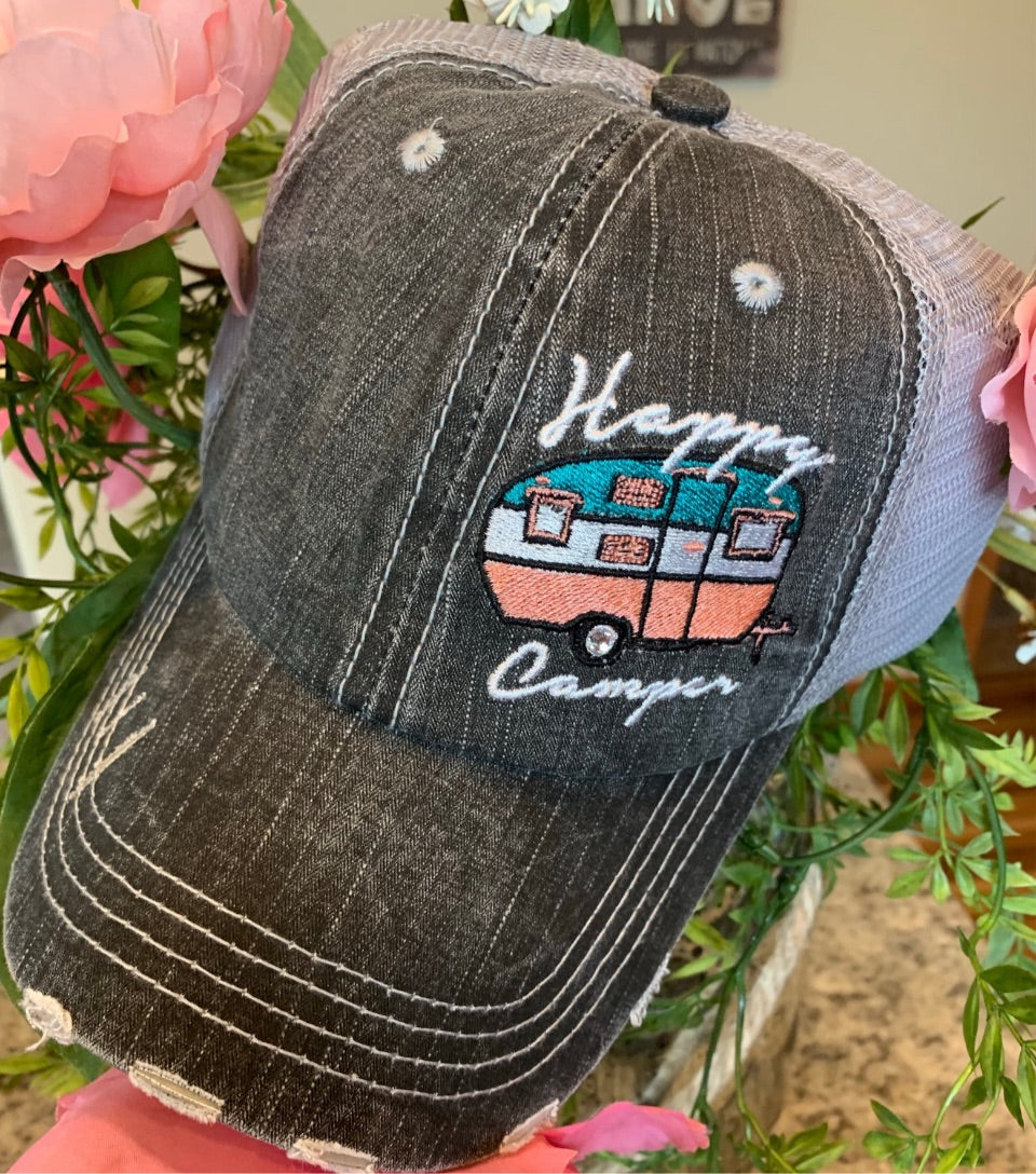 Camping Hats Camping Hair Dont Care Embroidered Distressed Trucker Cap Camping Hair Dont Care. Pink Tent. / Hat with Bling Only.
