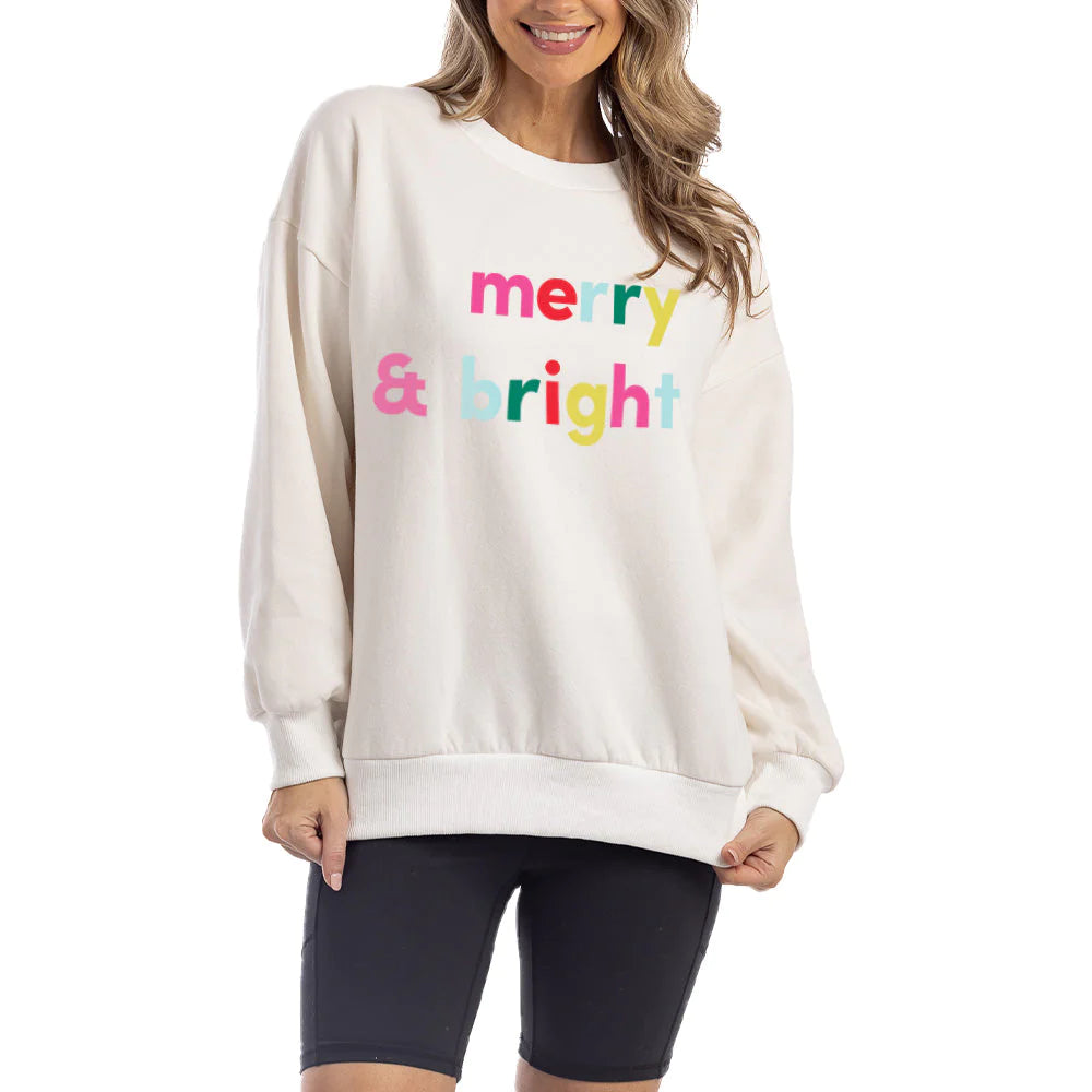 Sweatshirt Merry and Bright holiday Christmas shirt Pink blue or white