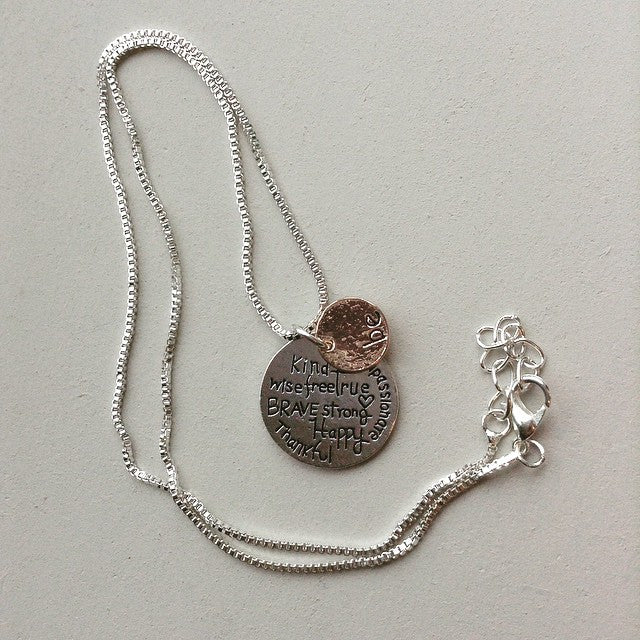 Necklace { Be Kind, Wise, Compassionate, Free, True, Brave, Strong, Happy, Thankful } Silver and bronze. - Stacy's Pink Martini Boutique