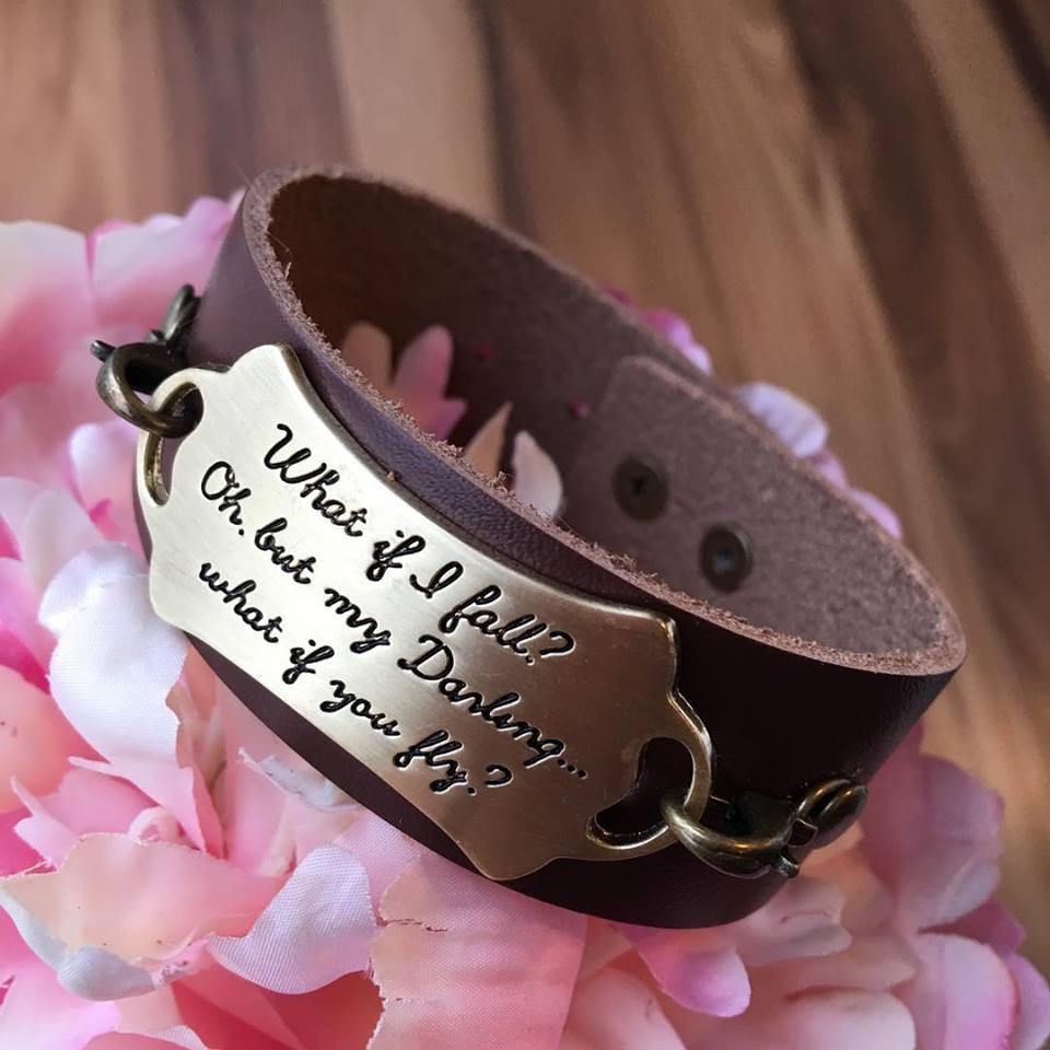 Bracelet What if I fall? Oh, but my darling....what if you fly Charms Leather wraps Silver Gold Customize - Stacy's Pink Martini Boutique