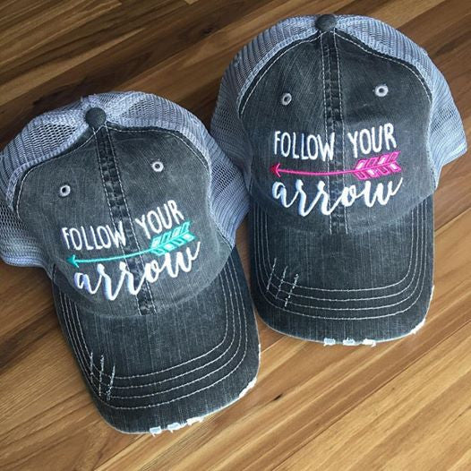 Follow your arrow HATS Embroidered distressed gray trucker caps Unisex Pink or teal arrow - Stacy's Pink Martini Boutique