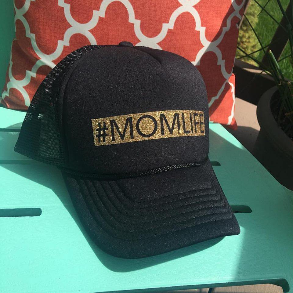 #momlife hats || Blingy glitter vinyl letters || Womens trucker hats || Adjustable snapback || Mom hats || Black or black and white - Stacy's Pink Martini Boutique