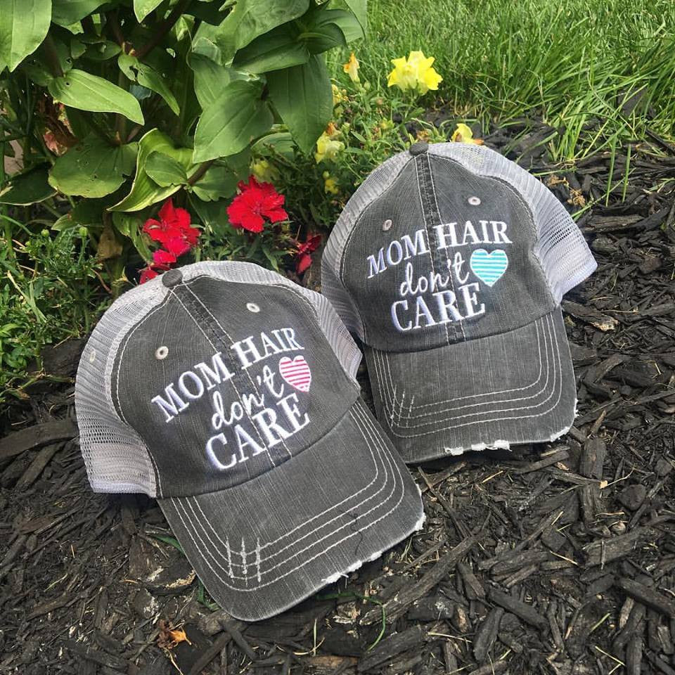 Mom hats Mom hair dont care Embroidered trucker womens baseball caps Teal pink heart - Stacy's Pink Martini Boutique