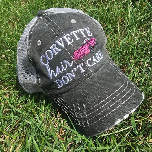 Corvette hats { Corvette hair don't care } Customize • Gray distressed trucker caps • Unisex • Car hat - Stacy's Pink Martini Boutique