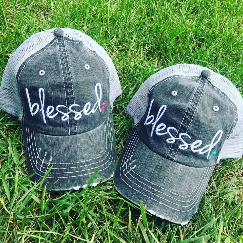 Blessed Hats •• Pink or teal cross • Embroidered, distressed, woman’s trucker cap - Stacy's Pink Martini Boutique