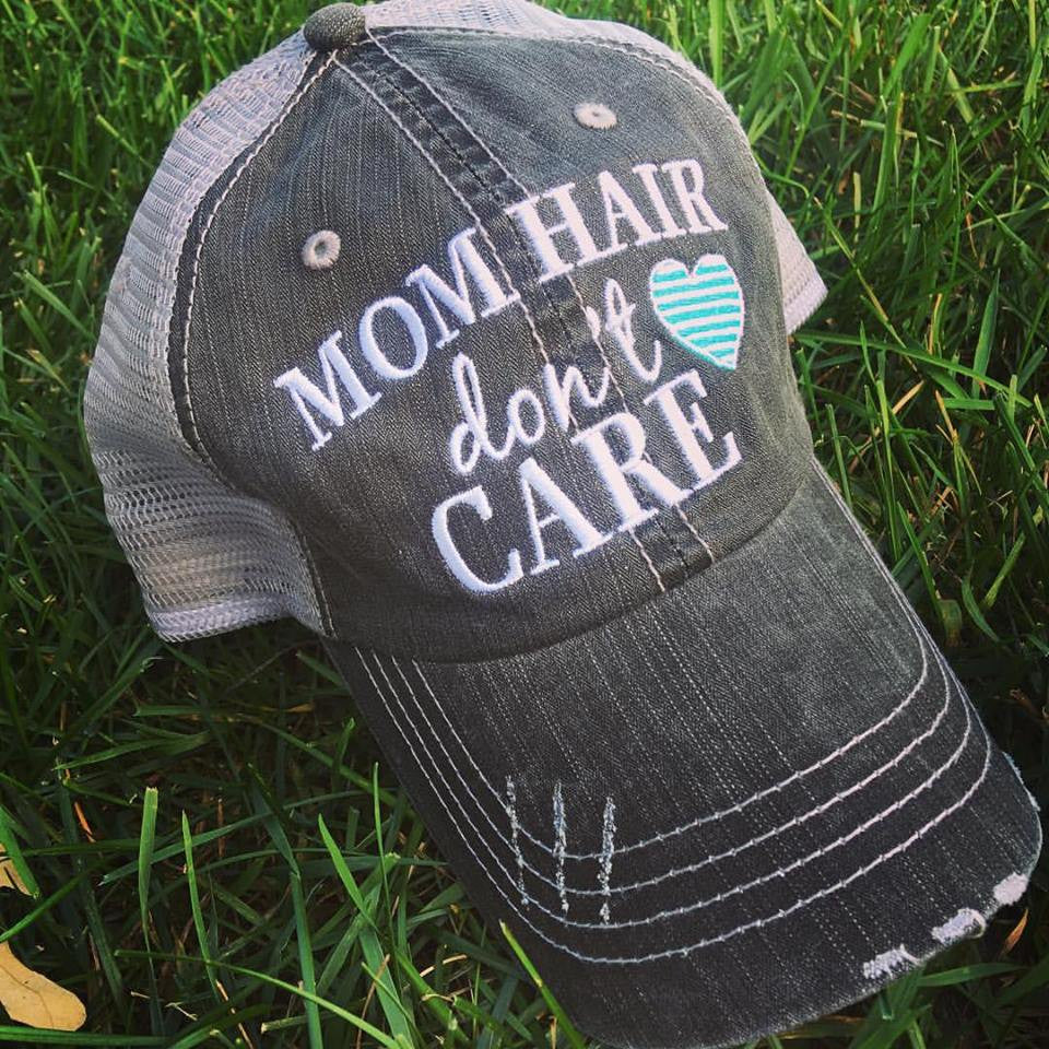 Mom hats Mom hair dont care Embroidered trucker womens baseball caps Teal pink heart - Stacy's Pink Martini Boutique