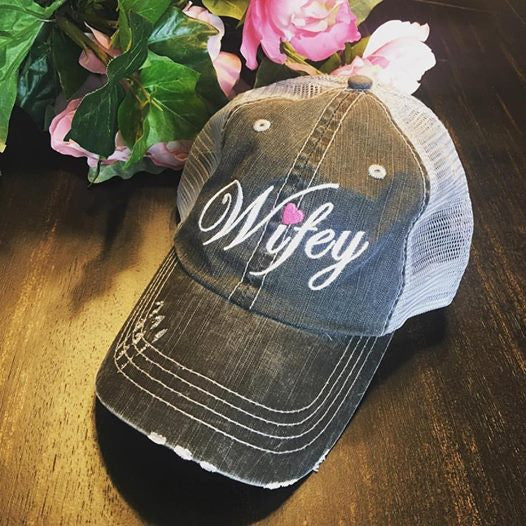 Hat Wifey Embroidered distressed womens trucker cap Pink heart Bride Wife Love Marriage - Stacy's Pink Martini Boutique