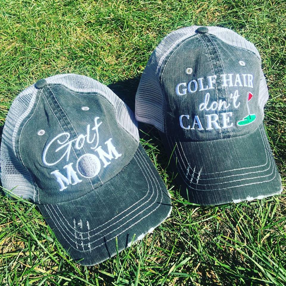 Golf hats! Golf mom | Golf hair dont care | Embroidered distressed trucker caps CUSTOMIZE-name-numbers-BLING! - Stacy's Pink Martini Boutique