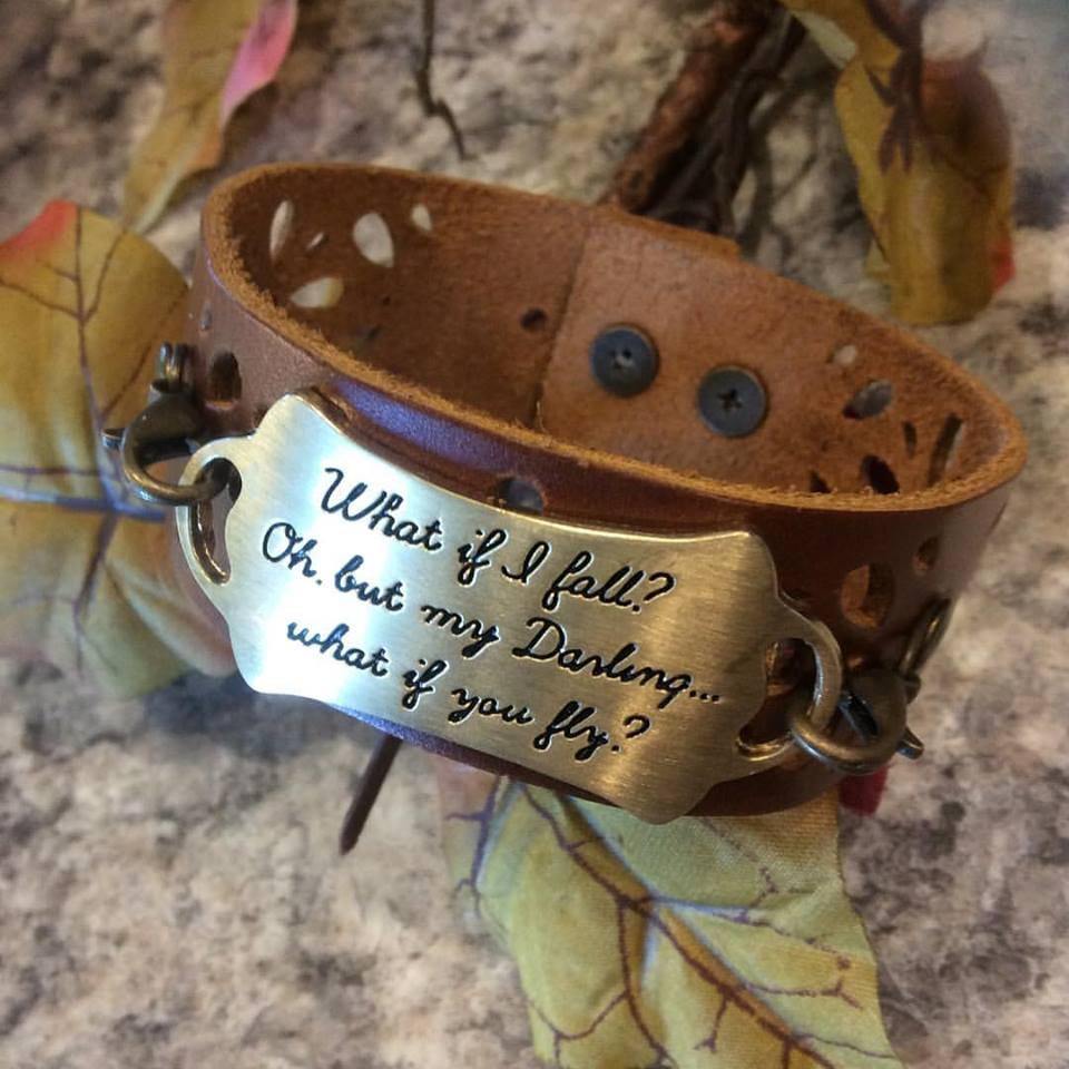 Bracelet What if I fall? Oh, but my darling....what if you fly Charms Leather wraps Silver Gold Customize - Stacy's Pink Martini Boutique