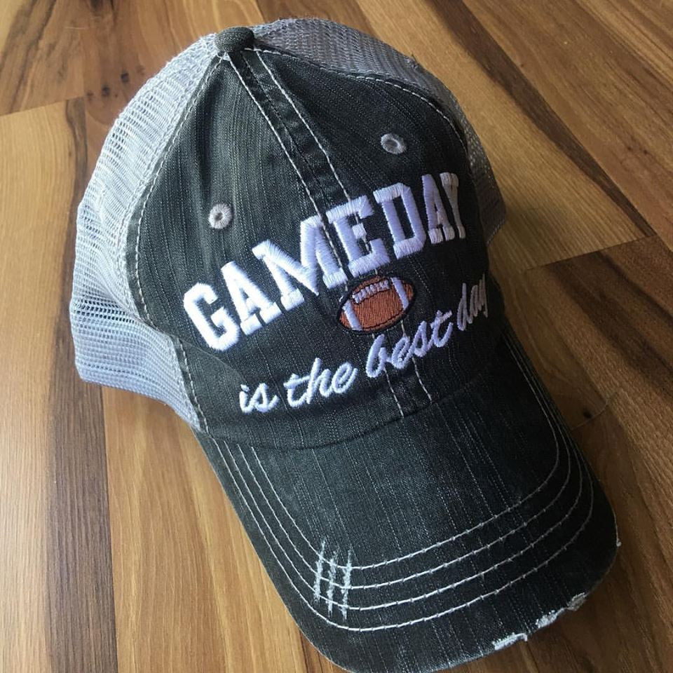 Football hats! Gameday is the best day • Football | Embroidered trucker gray distressed adjustable cap | Unisex | Gameday outfit. - Stacy's Pink Martini Boutique