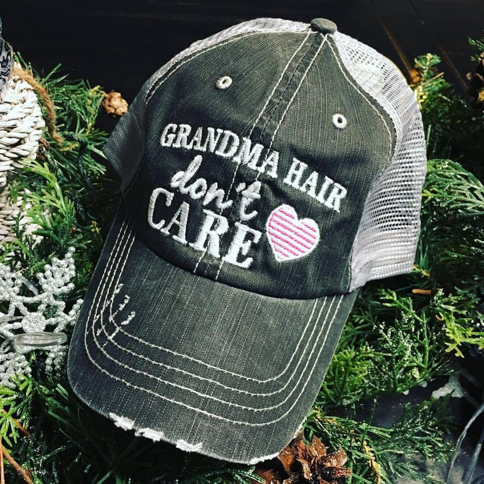 Hats { Grandma hair don't care } {Nana hair don't care } OR { Mimi hair don't care } Distressed • Trucker • Embroidered • Heart - Stacy's Pink Martini Boutique