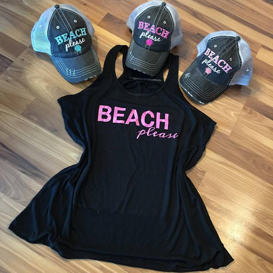 Beach hats and tanks Embroidered distressed trucker caps. - Stacy's Pink Martini Boutique