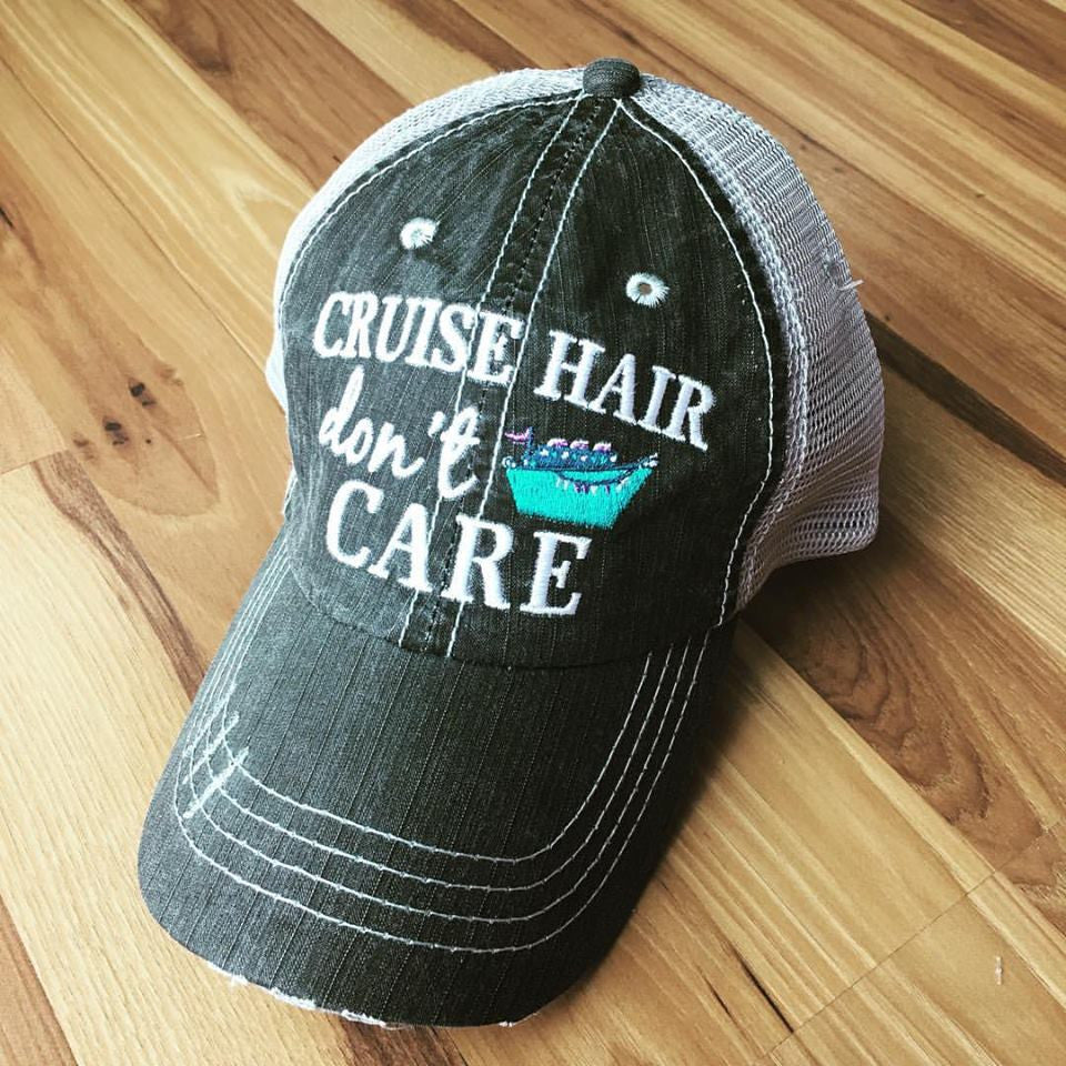 Hat { Cruise hair don't care } { Bo-oze cruise } Embroidered distressed trucker caps. - Stacy's Pink Martini Boutique