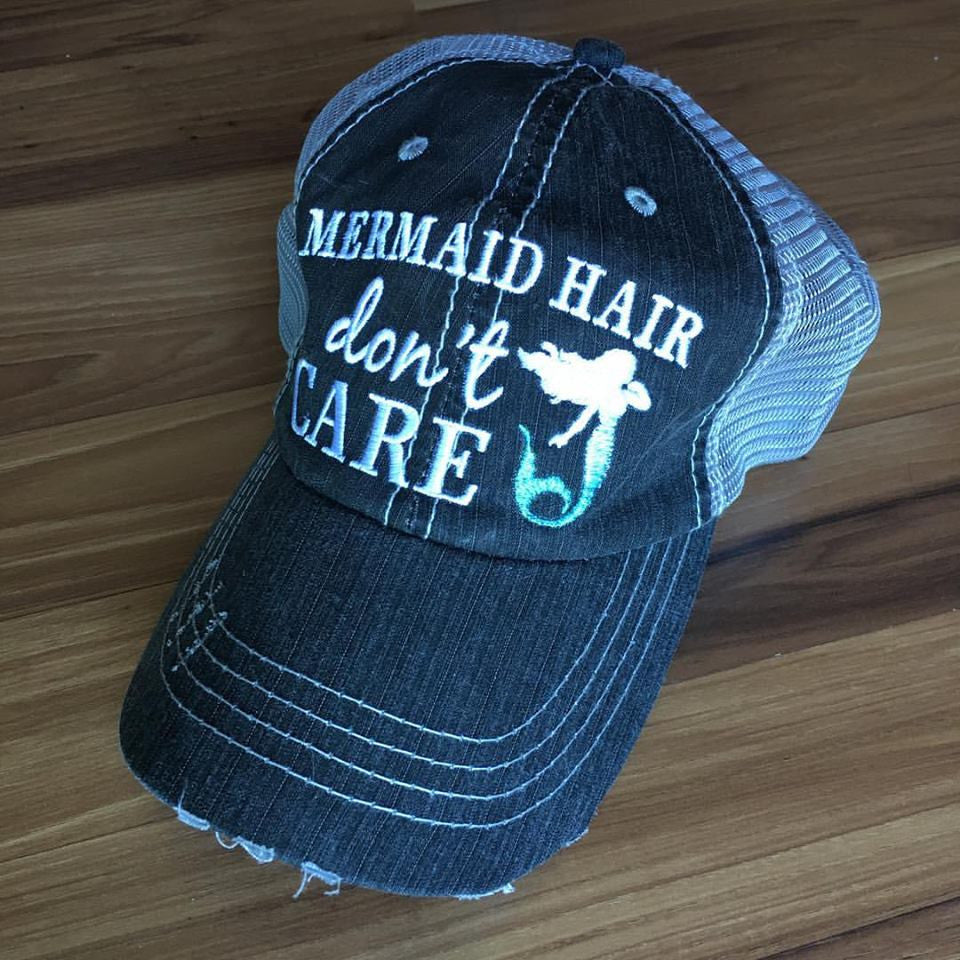 Mermaid Hats { Mermaid hair don't care }  { Mermaid club } Embroidered trucker caps. - Stacy's Pink Martini Boutique