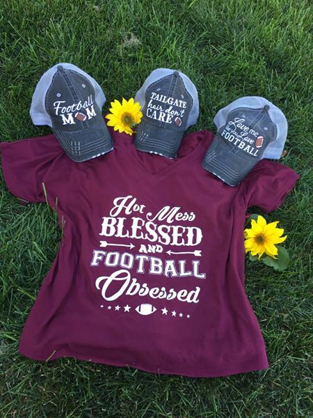 T-Shirt { Hot mess Blessed and Football Obsessed } Wine, Black, Red or blue. S-XXL - Stacy's Pink Martini Boutique