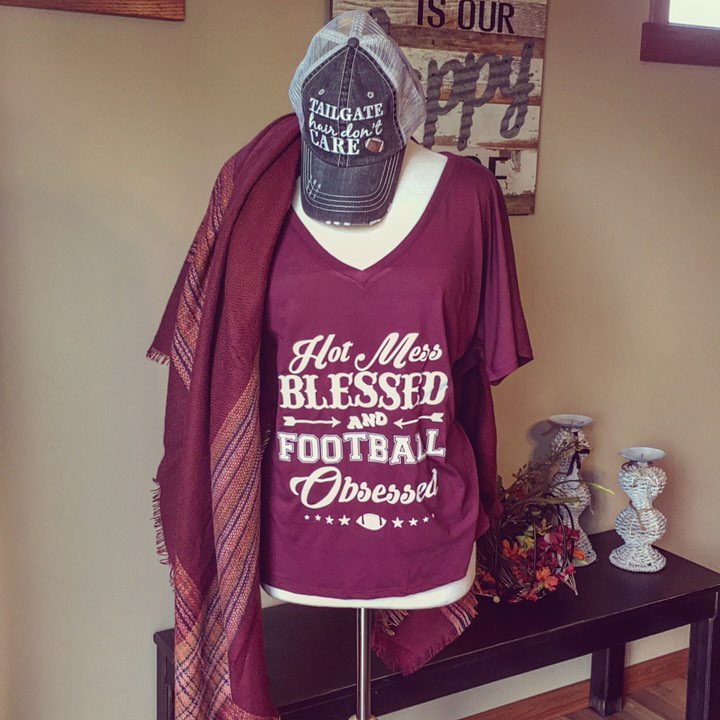 T-Shirt { Hot mess Blessed and Football Obsessed } Wine, Black, Red or blue. S-XXL - Stacy's Pink Martini Boutique