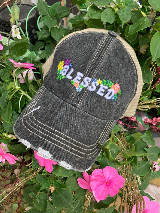 Hat BLESSED Flowers Embroidered trucker cap Gray