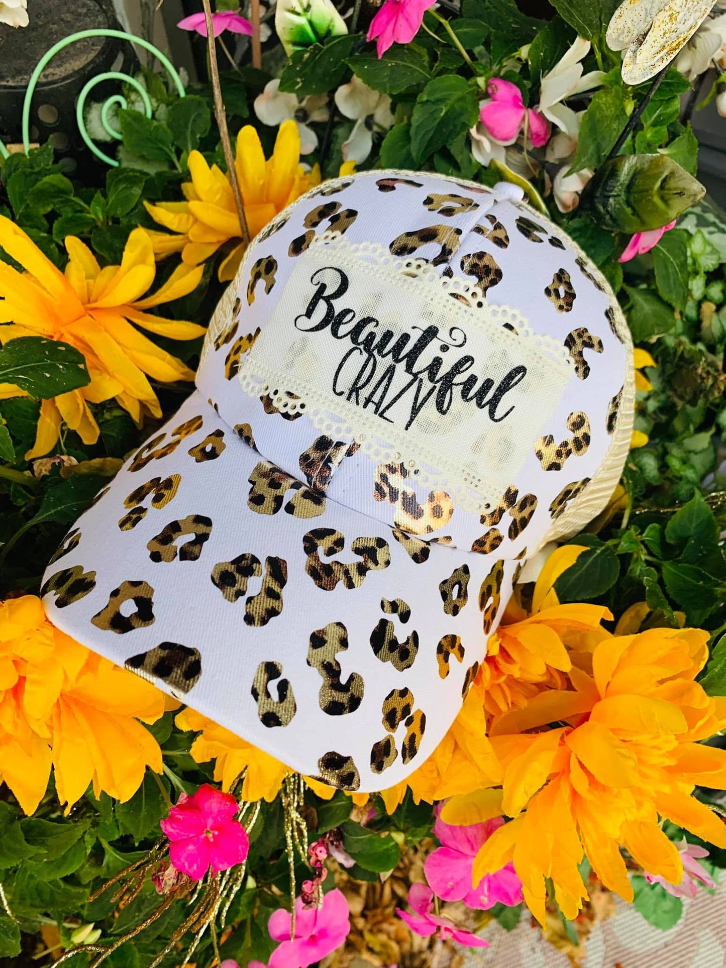 Beautiful crazy Trucker hat White leopard Criss Cross back