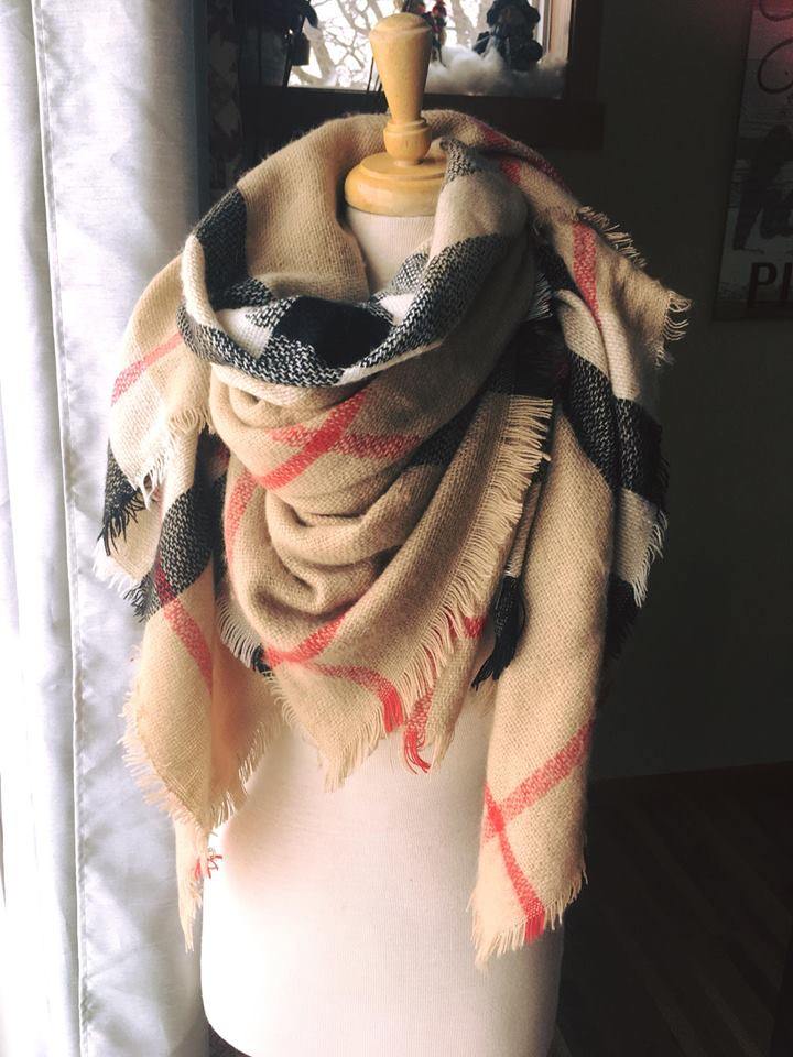 Blanket scarf { Classic check } Camel. Large square blanket scarf. - Stacy's Pink Martini Boutique