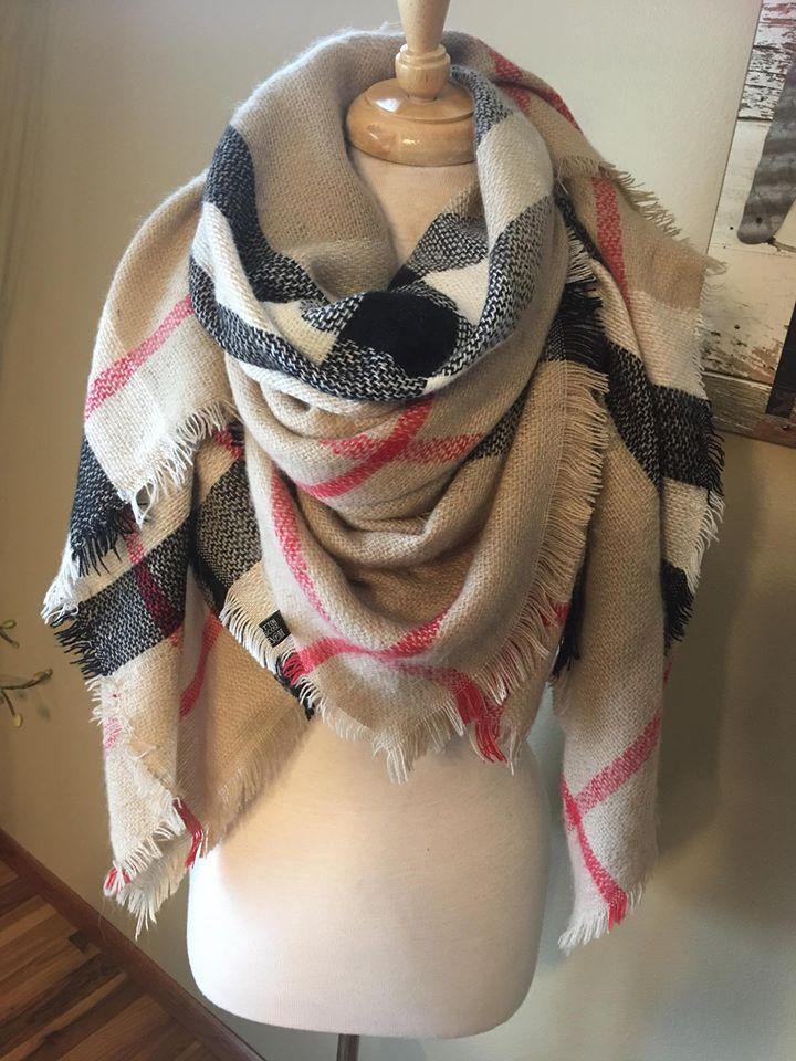 Blanket scarf { Classic check } Camel. Large square blanket scarf. - Stacy's Pink Martini Boutique