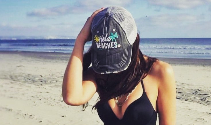 Hola beaches hats! | Womens embroidered trucker cap | Personalize | Beach hats | Cute palm trees, sunshine, waves and seashell | Girls weekend accessories. - Stacy's Pink Martini Boutique