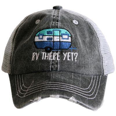 Camping hats { RV there yet? } Gray with pink & teal or gray with blue and pink. Embroidered distressed trucker cap with adjustable Velkro & hole for pony. Unisex. Vintage camper. Camping. - 