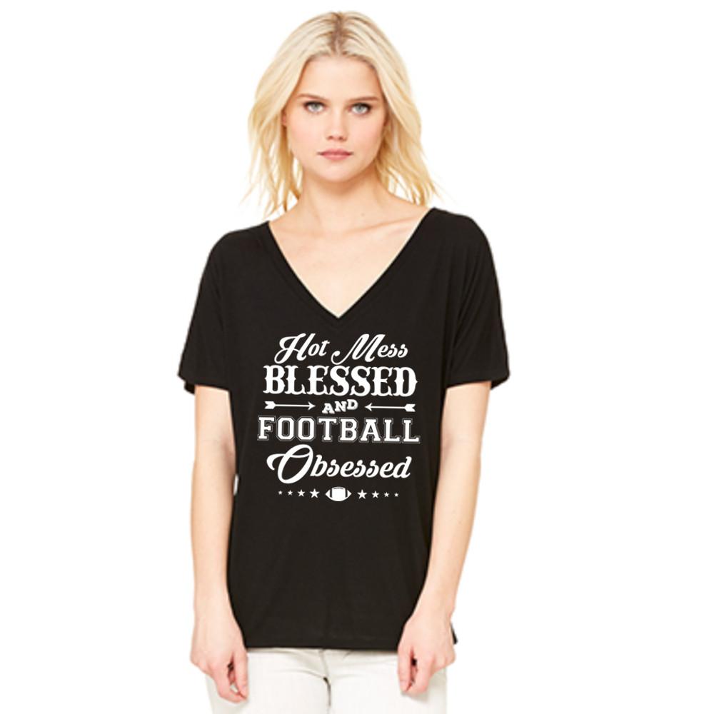 T-Shirt { Hot mess Blessed and Football Obsessed } Wine, Black, Red or blue. S-XXL - Stacy's Pink Martini Boutique