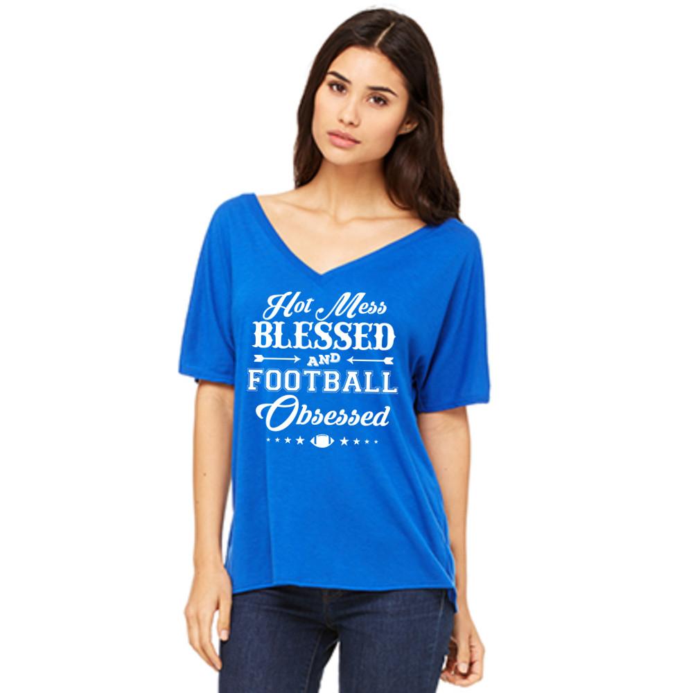 T-Shirt { Hot mess Blessed and Football Obsessed } Wine, Black, Red or blue. S-XXL - Stacy's Pink Martini Boutique