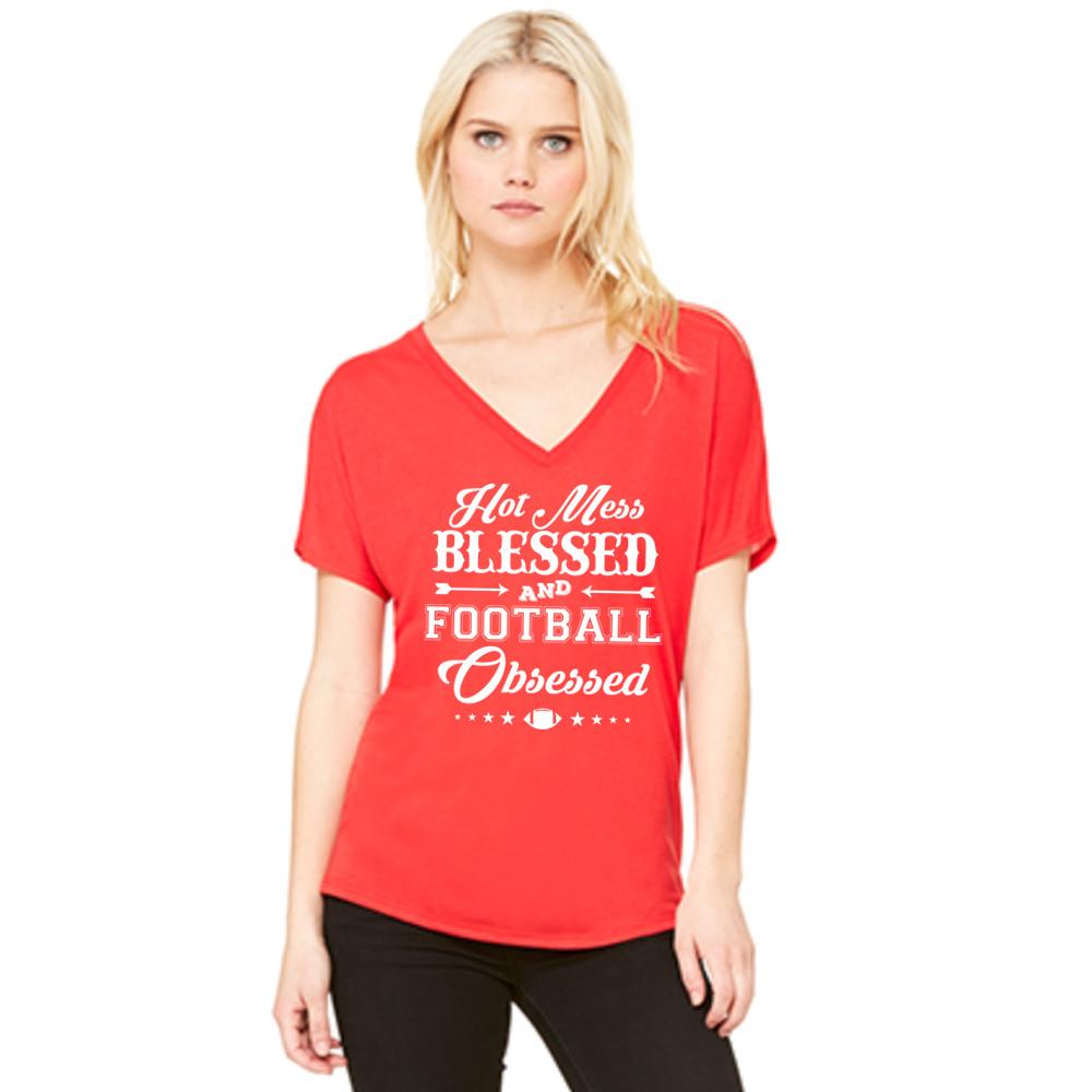 T-Shirt { Hot mess Blessed and Football Obsessed } Wine, Black, Red or blue. S-XXL - Stacy's Pink Martini Boutique