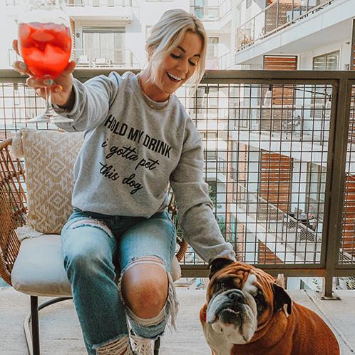 Hold my drink I gotta pet this dog Hats and sweatshirts Gray Unisex Dog mom Rescue - Stacy's Pink Martini Boutique