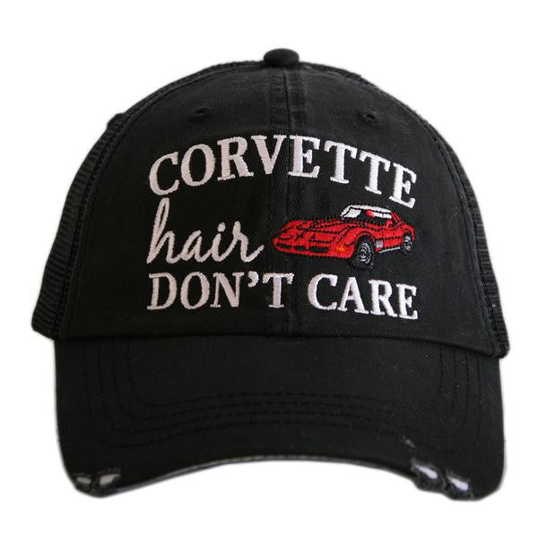 Corvette hats { Corvette hair don't care } Customize • Gray distressed trucker caps • Unisex • Car hat - Stacy's Pink Martini Boutique