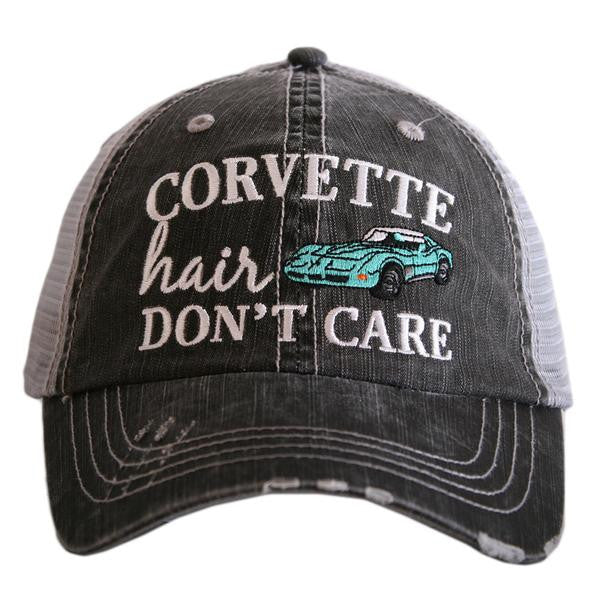 Corvette hats { Corvette hair don't care } Customize • Gray distressed trucker caps • Unisex • Car hat - Stacy's Pink Martini Boutique