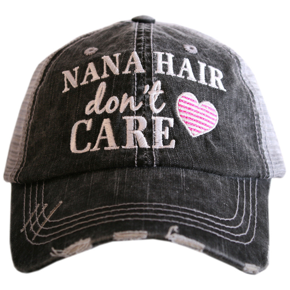 Hats { Grandma hair don't care } {Nana hair don't care } OR { Mimi hair don't care } Distressed • Trucker • Embroidered • Heart - Stacy's Pink Martini Boutique