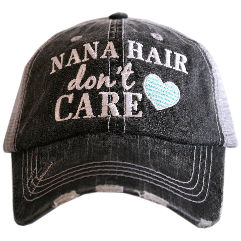 Hats { Grandma hair don't care } {Nana hair don't care } OR { Mimi hair don't care } Distressed • Trucker • Embroidered • Heart - Stacy's Pink Martini Boutique