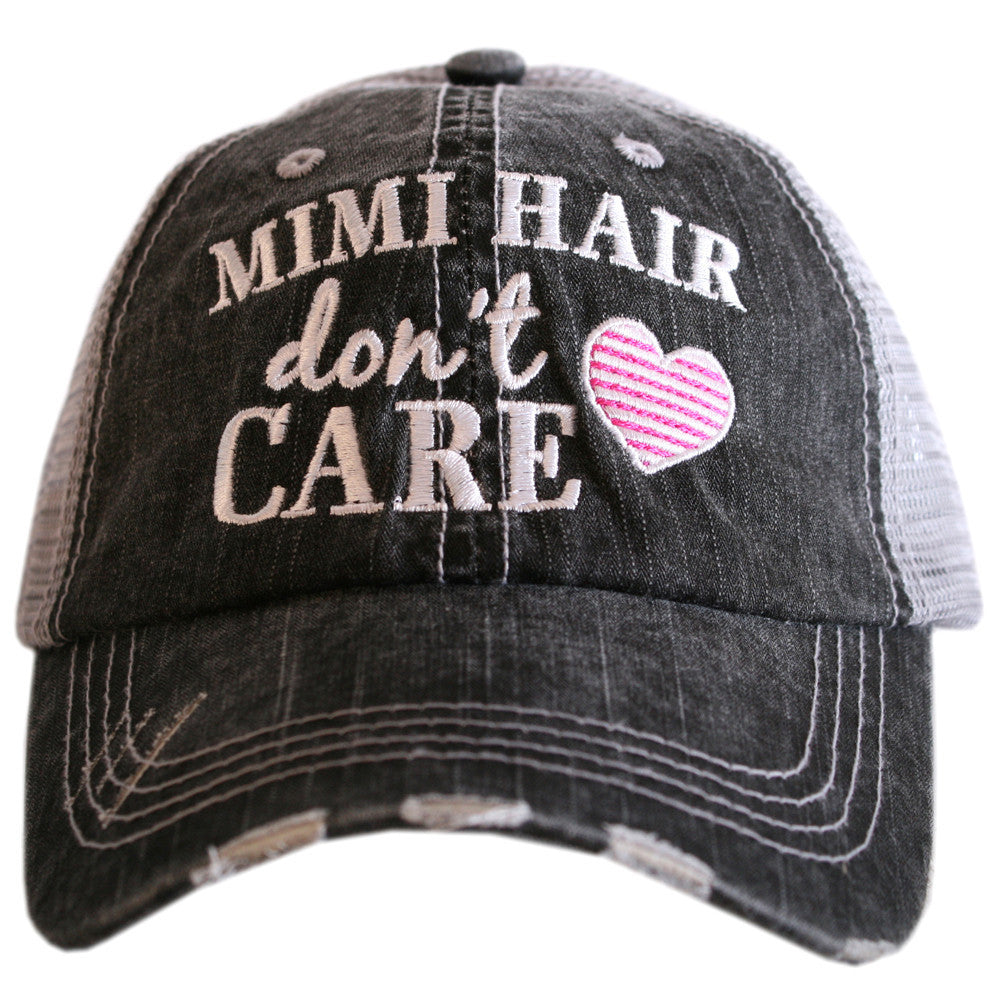 Hats { Grandma hair don't care } {Nana hair don't care } OR { Mimi hair don't care } Distressed • Trucker • Embroidered • Heart - Stacy's Pink Martini Boutique