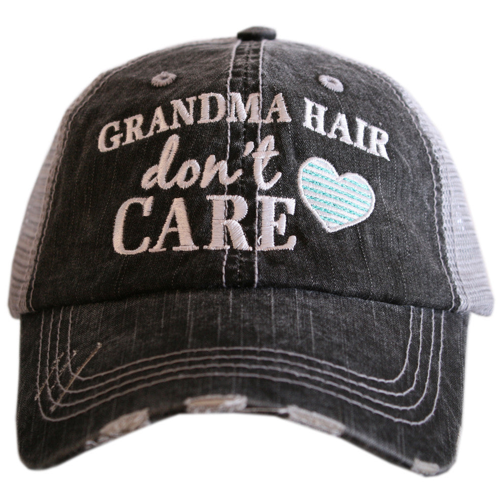 Hats { Grandma hair don't care } {Nana hair don't care } OR { Mimi hair don't care } Distressed • Trucker • Embroidered • Heart - Stacy's Pink Martini Boutique