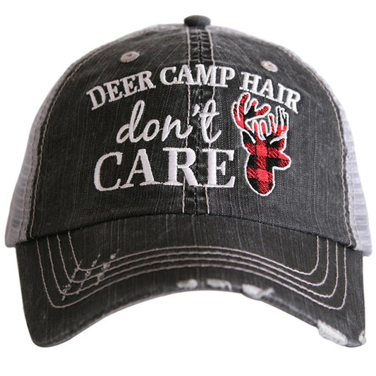 Hat { Deer camp hair don't care } Gray w/ buffalo plaid deer. Embroidered distressed trucker cap with adjustable Velcro and hole for pony. Adjustable. - Stacy's Pink Martini Boutique