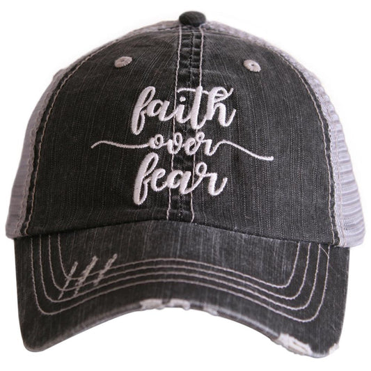 Faith over fear hat | Embroidered gray distressed trucker cap | God Pray Jesus Cross - Stacy's Pink Martini Boutique