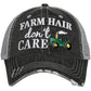 Hat { Farm hair dont care } Tractor. John Deer. Gray with white embroidered letters. Distressed trucker cap. Adjustable velcro. - Stacy's Pink Martini Boutique