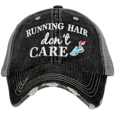 Running hair don’t care hat | Embroidered gray trucker cap - Stacy's Pink Martini Boutique