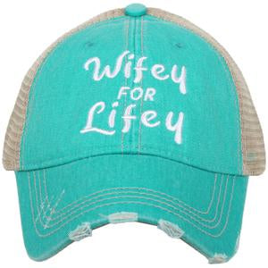 Wife hat | Wifey for lifey | Happy Wife Happy Life | Wifey | Aint no wifey | Embroidered distressed trucker cap | Personalize with wedding dates and names - Stacy's Pink Martini Boutique