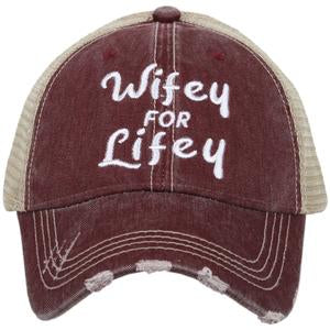 Wife hat | Wifey for lifey | Happy Wife Happy Life | Wifey | Aint no wifey | Embroidered distressed trucker cap | Personalize with wedding dates and names - Stacy's Pink Martini Boutique