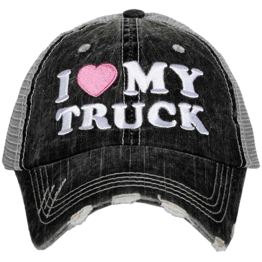 Hat { I love my truck } Gray with pink heart. Embroidered. Distressed vintage trucker cap. Adjustable velcro. - Stacy's Pink Martini Boutique